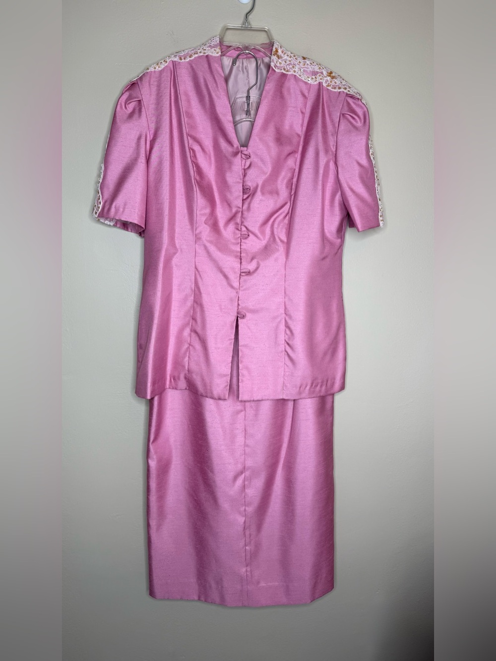 Vintage Custom Two Piece Maxi Skirt Suit Short Sleeves Lace Trim